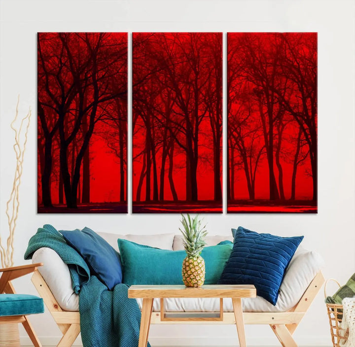 The "Red Sky and Forest Wall Art Print Triptych Canvas Print," with its striking silhouette of trees set against a vibrant red backdrop, adds a touch of elegance to any room. Enjoy this hand-assembled canvas masterpiece with free shipping.