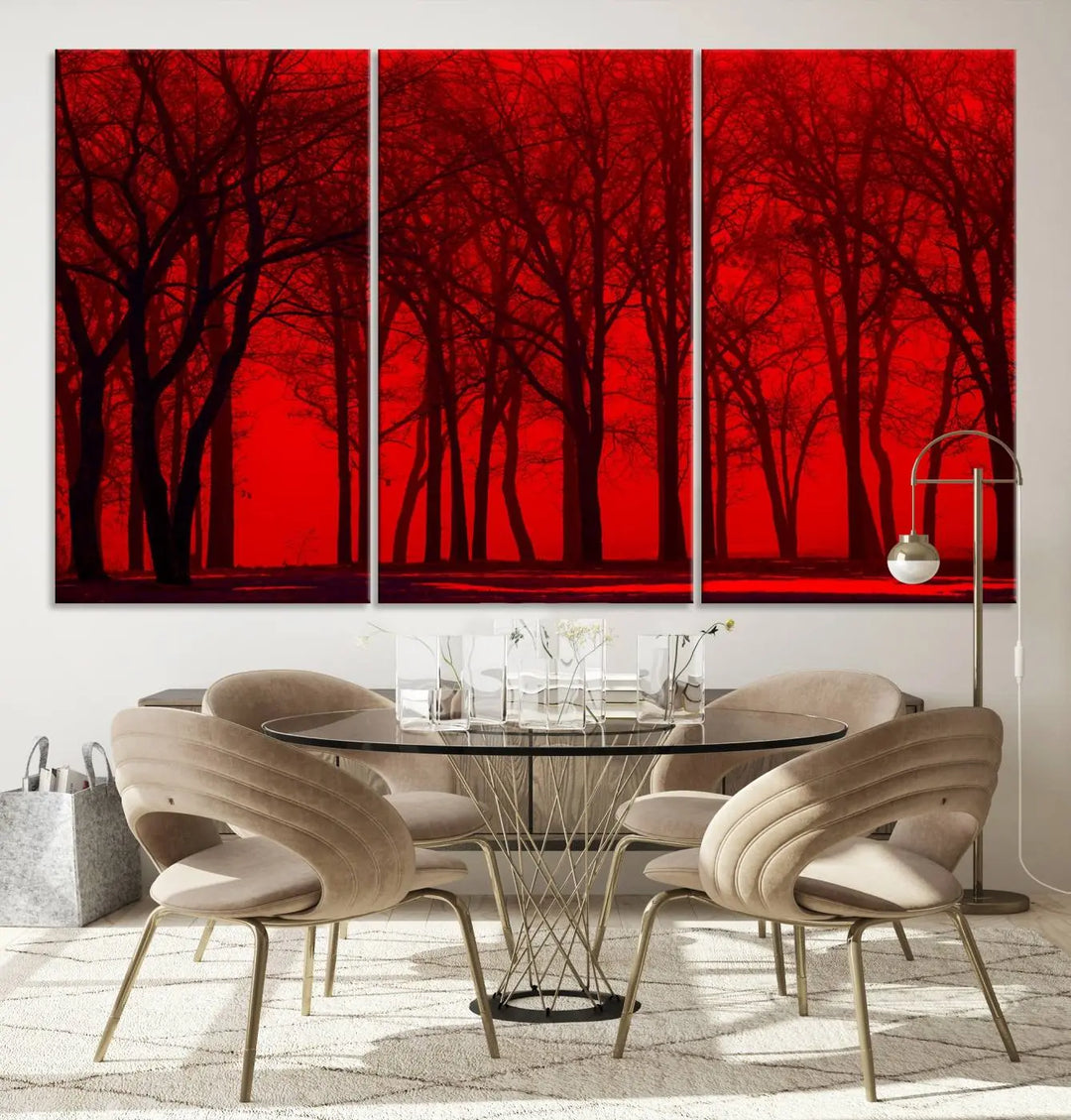 The "Red Sky and Forest Wall Art Print Triptych Canvas Print," with its striking silhouette of trees set against a vibrant red backdrop, adds a touch of elegance to any room. Enjoy this hand-assembled canvas masterpiece with free shipping.