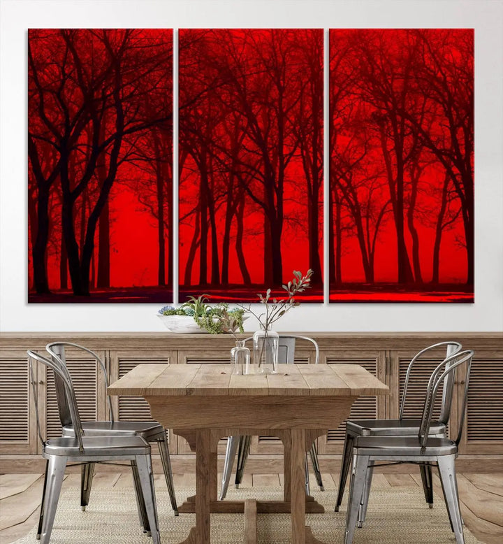 The "Red Sky and Forest Wall Art Print Triptych Canvas Print," with its striking silhouette of trees set against a vibrant red backdrop, adds a touch of elegance to any room. Enjoy this hand-assembled canvas masterpiece with free shipping.