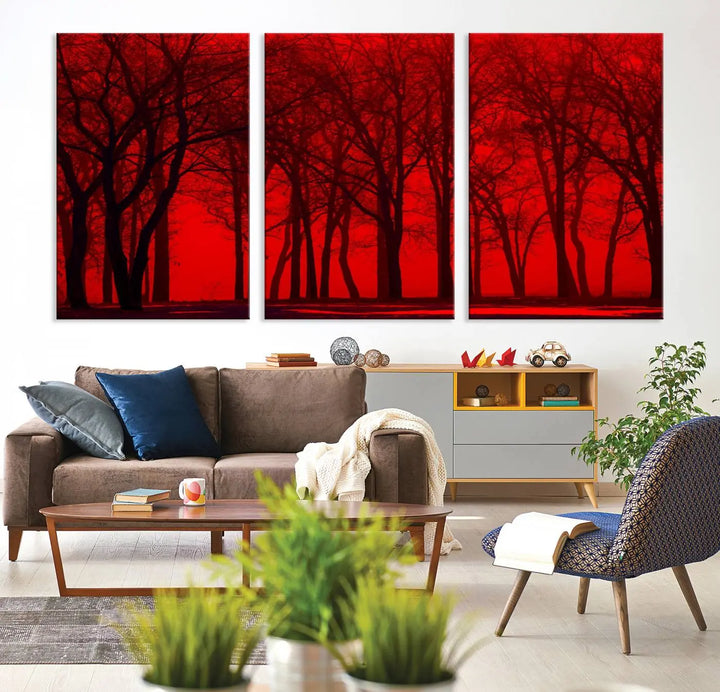 The "Red Sky and Forest Wall Art Print Triptych Canvas Print," with its striking silhouette of trees set against a vibrant red backdrop, adds a touch of elegance to any room. Enjoy this hand-assembled canvas masterpiece with free shipping.