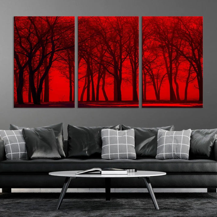 The "Red Sky and Forest Wall Art Print Triptych Canvas Print," with its striking silhouette of trees set against a vibrant red backdrop, adds a touch of elegance to any room. Enjoy this hand-assembled canvas masterpiece with free shipping.