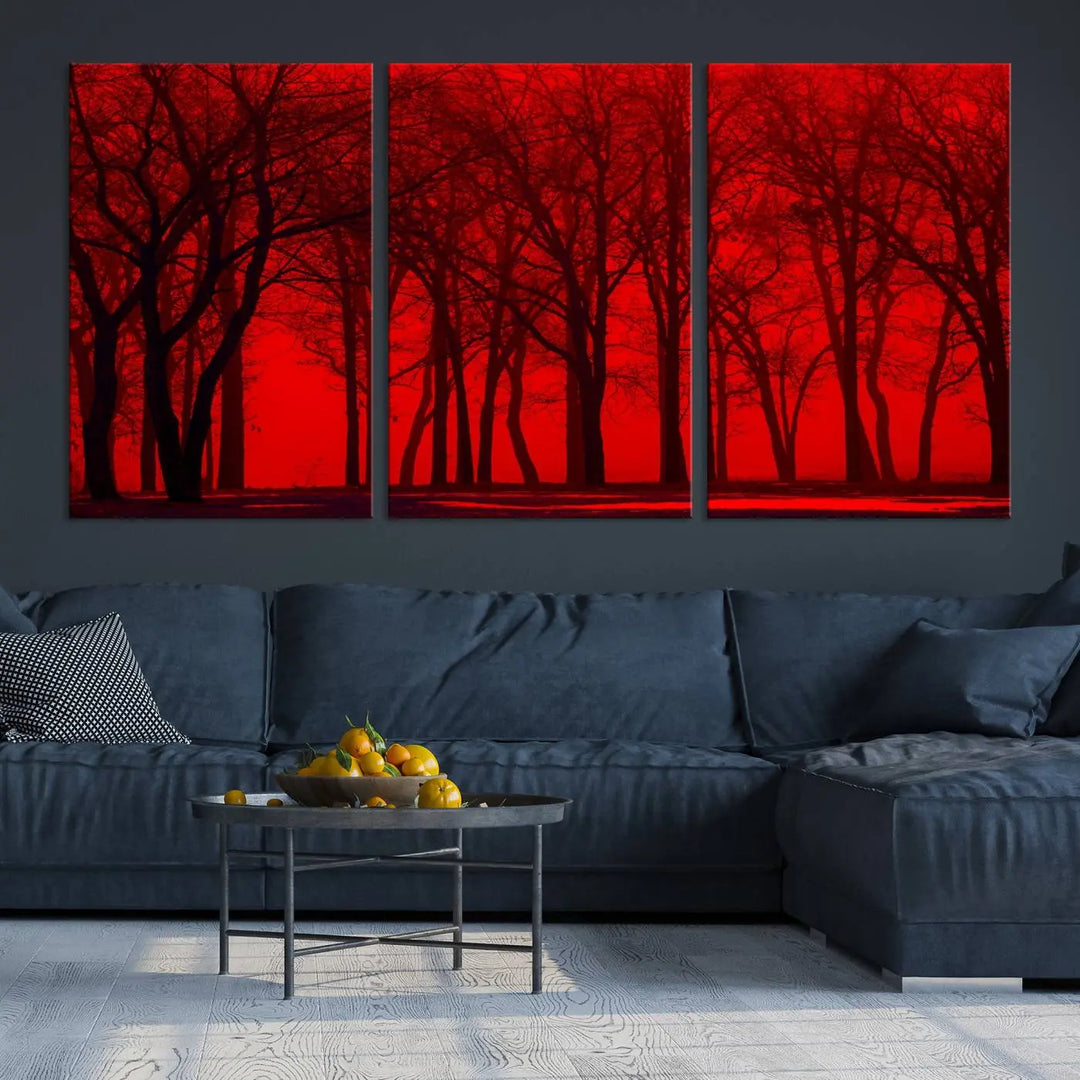 The "Red Sky and Forest Wall Art Print Triptych Canvas Print," with its striking silhouette of trees set against a vibrant red backdrop, adds a touch of elegance to any room. Enjoy this hand-assembled canvas masterpiece with free shipping.