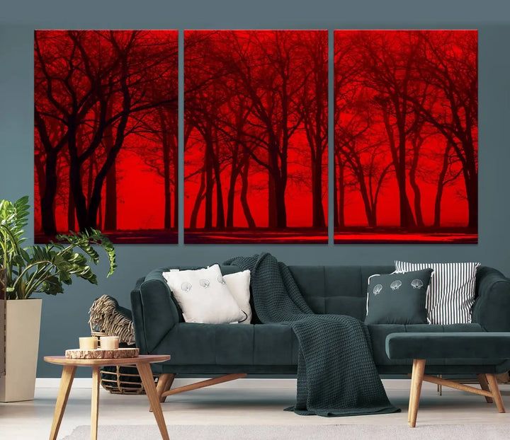 The "Red Sky and Forest Wall Art Print Triptych Canvas Print," with its striking silhouette of trees set against a vibrant red backdrop, adds a touch of elegance to any room. Enjoy this hand-assembled canvas masterpiece with free shipping.