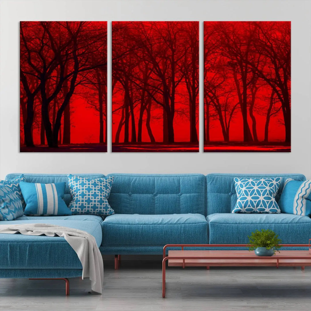 The "Red Sky and Forest Wall Art Print Triptych Canvas Print," with its striking silhouette of trees set against a vibrant red backdrop, adds a touch of elegance to any room. Enjoy this hand-assembled canvas masterpiece with free shipping.