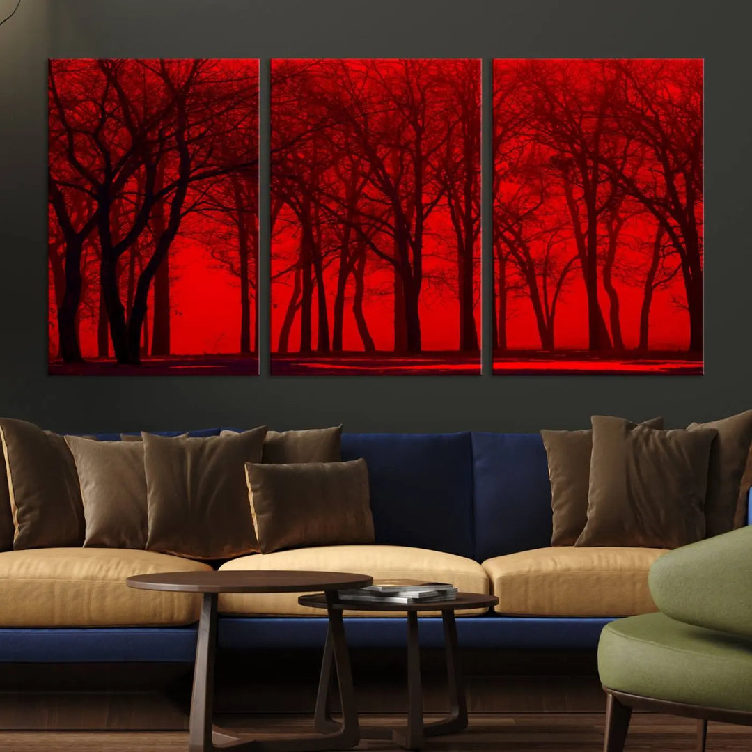 The "Red Sky and Forest Wall Art Print Triptych Canvas Print," with its striking silhouette of trees set against a vibrant red backdrop, adds a touch of elegance to any room. Enjoy this hand-assembled canvas masterpiece with free shipping.