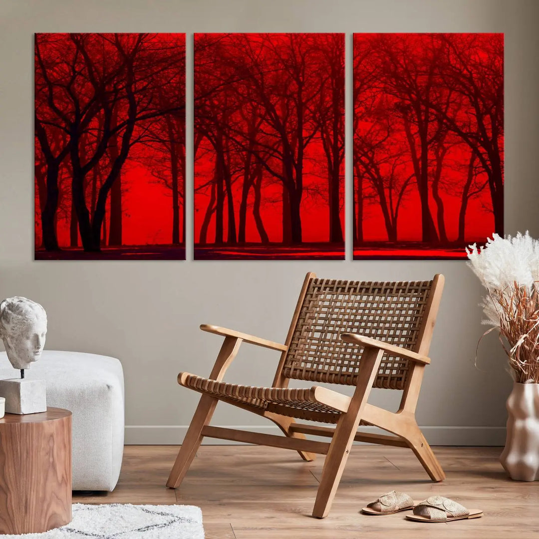 The "Red Sky and Forest Wall Art Print Triptych Canvas Print," with its striking silhouette of trees set against a vibrant red backdrop, adds a touch of elegance to any room. Enjoy this hand-assembled canvas masterpiece with free shipping.