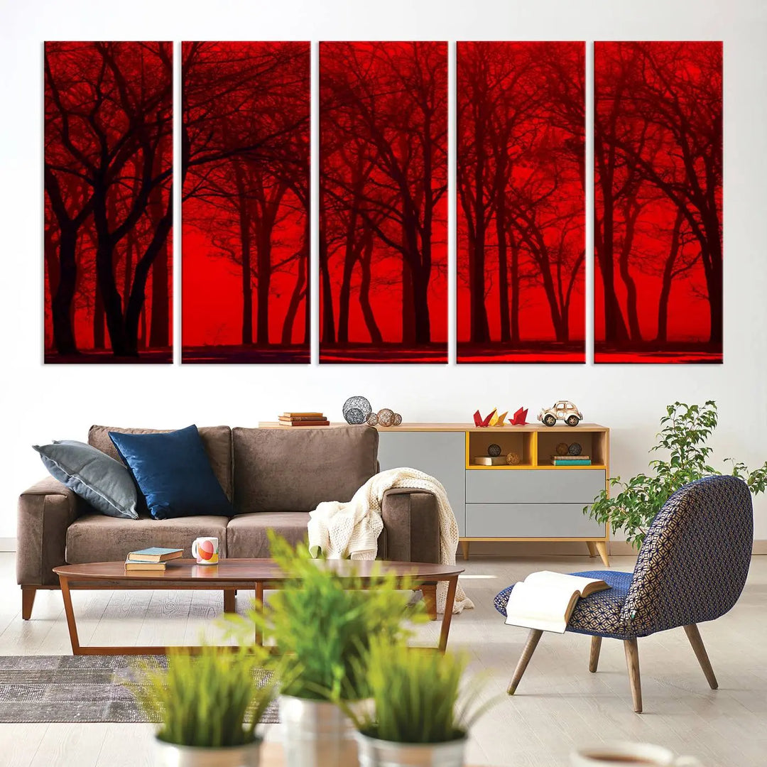 The "Red Sky and Forest Wall Art Print Triptych Canvas Print," with its striking silhouette of trees set against a vibrant red backdrop, adds a touch of elegance to any room. Enjoy this hand-assembled canvas masterpiece with free shipping.