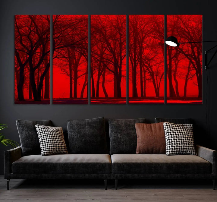 The "Red Sky and Forest Wall Art Print Triptych Canvas Print," with its striking silhouette of trees set against a vibrant red backdrop, adds a touch of elegance to any room. Enjoy this hand-assembled canvas masterpiece with free shipping.