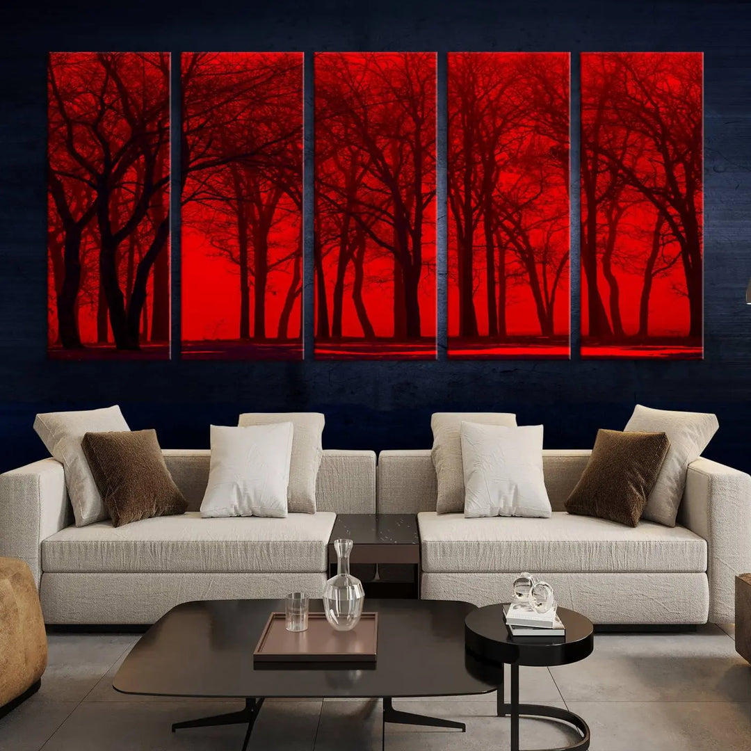 The "Red Sky and Forest Wall Art Print Triptych Canvas Print," with its striking silhouette of trees set against a vibrant red backdrop, adds a touch of elegance to any room. Enjoy this hand-assembled canvas masterpiece with free shipping.