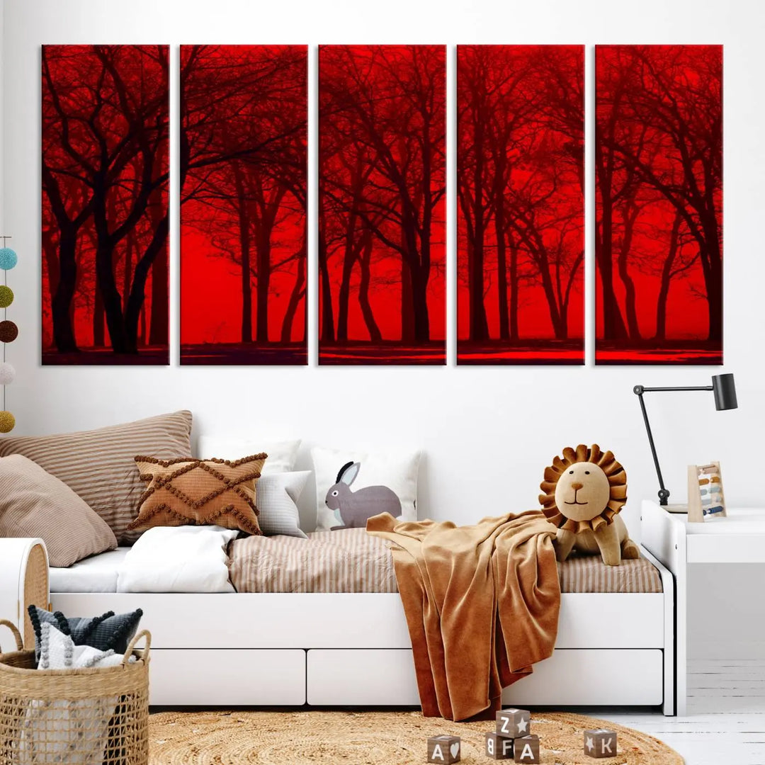 The "Red Sky and Forest Wall Art Print Triptych Canvas Print," with its striking silhouette of trees set against a vibrant red backdrop, adds a touch of elegance to any room. Enjoy this hand-assembled canvas masterpiece with free shipping.