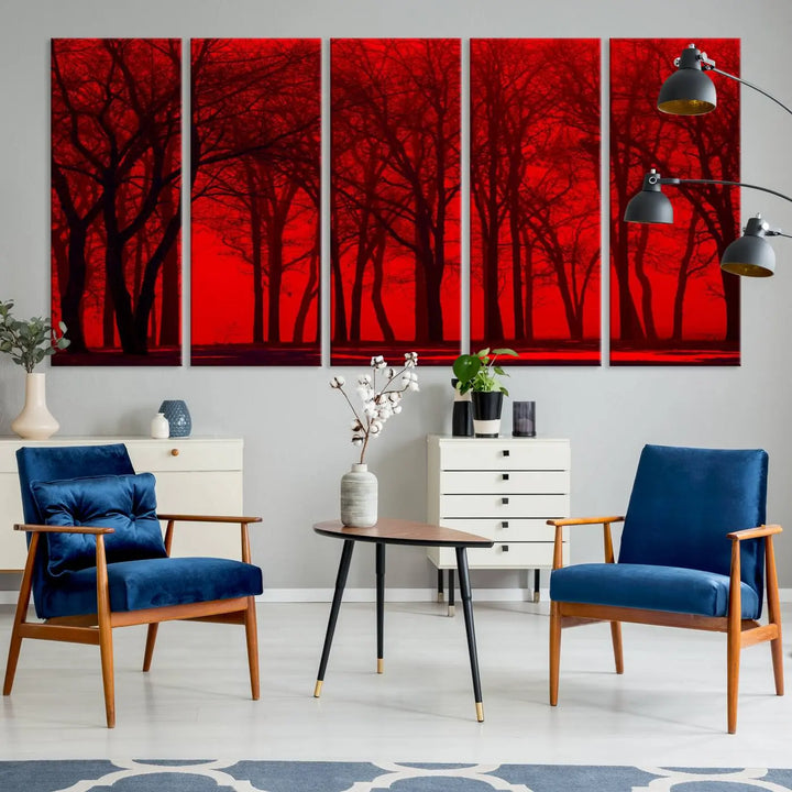 The "Red Sky and Forest Wall Art Print Triptych Canvas Print," with its striking silhouette of trees set against a vibrant red backdrop, adds a touch of elegance to any room. Enjoy this hand-assembled canvas masterpiece with free shipping.