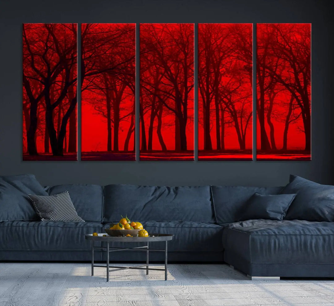 The "Red Sky and Forest Wall Art Print Triptych Canvas Print," with its striking silhouette of trees set against a vibrant red backdrop, adds a touch of elegance to any room. Enjoy this hand-assembled canvas masterpiece with free shipping.