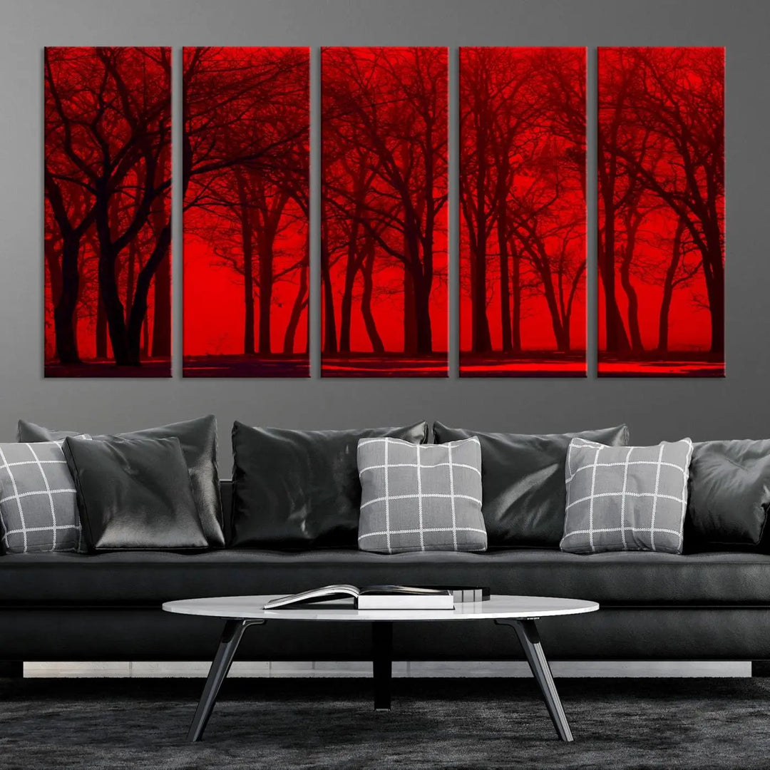 The "Red Sky and Forest Wall Art Print Triptych Canvas Print," with its striking silhouette of trees set against a vibrant red backdrop, adds a touch of elegance to any room. Enjoy this hand-assembled canvas masterpiece with free shipping.