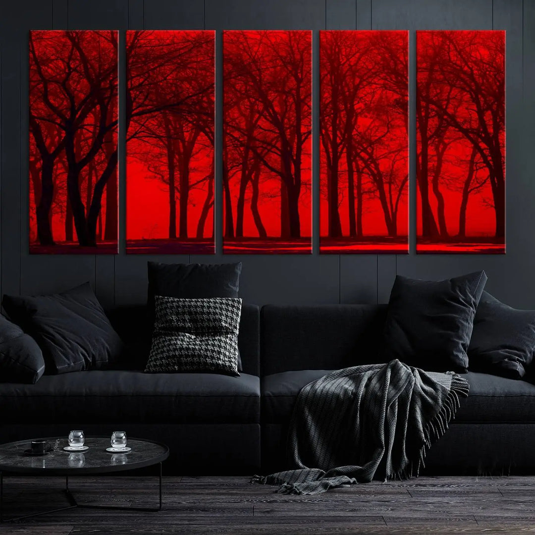 The "Red Sky and Forest Wall Art Print Triptych Canvas Print," with its striking silhouette of trees set against a vibrant red backdrop, adds a touch of elegance to any room. Enjoy this hand-assembled canvas masterpiece with free shipping.