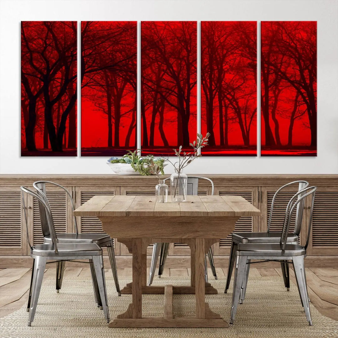 The "Red Sky and Forest Wall Art Print Triptych Canvas Print," with its striking silhouette of trees set against a vibrant red backdrop, adds a touch of elegance to any room. Enjoy this hand-assembled canvas masterpiece with free shipping.