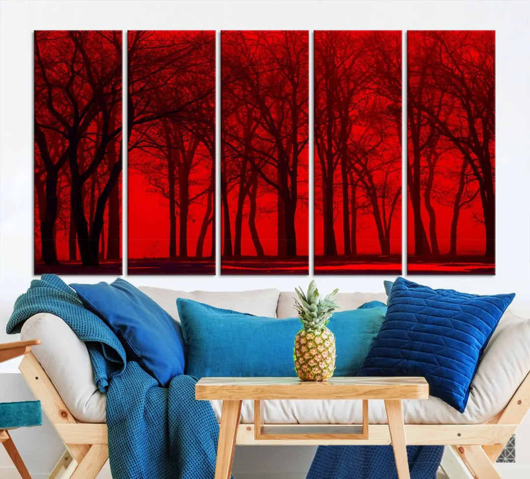 The "Red Sky and Forest Wall Art Print Triptych Canvas Print," with its striking silhouette of trees set against a vibrant red backdrop, adds a touch of elegance to any room. Enjoy this hand-assembled canvas masterpiece with free shipping.