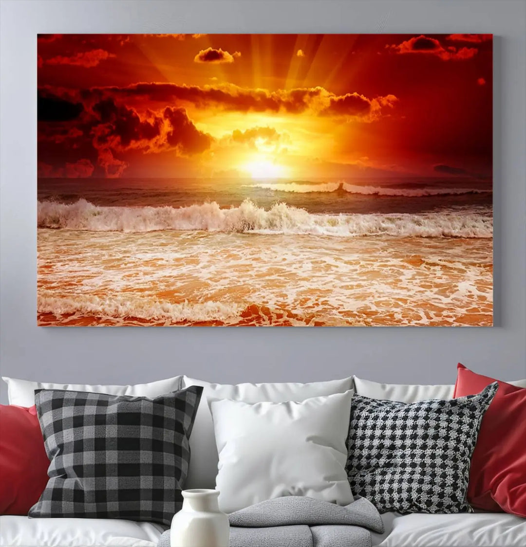 Red Sunset Ocean Beach Canvas Wall Art showcases a stunning three-panel masterpiece that captures a vivid beach sunset over ocean waves.