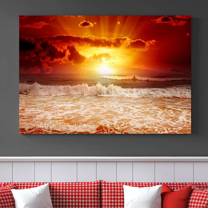 Red Sunset Ocean Beach Canvas Wall Art showcases a stunning three-panel masterpiece that captures a vivid beach sunset over ocean waves.