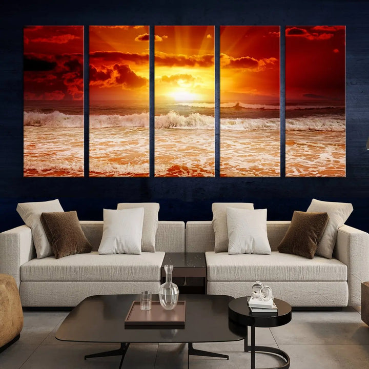 Red Sunset Ocean Beach Canvas Wall Art showcases a stunning three-panel masterpiece that captures a vivid beach sunset over ocean waves.