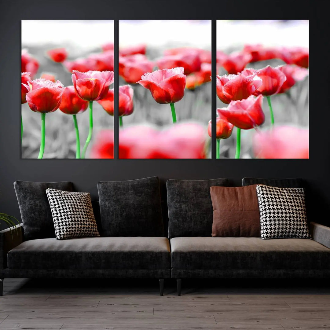 This museum-quality Red Tulip Flowers Canvas Wall Art Print, featuring three panels and vibrant hues, creates a stunning focal point. Enjoy free shipping on this exquisite piece.