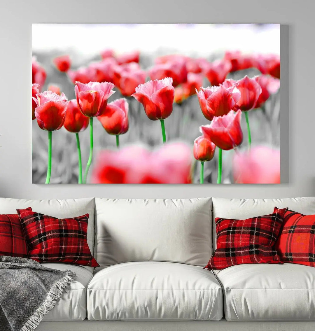 This museum-quality Red Tulip Flowers Canvas Wall Art Print, featuring three panels and vibrant hues, creates a stunning focal point. Enjoy free shipping on this exquisite piece.