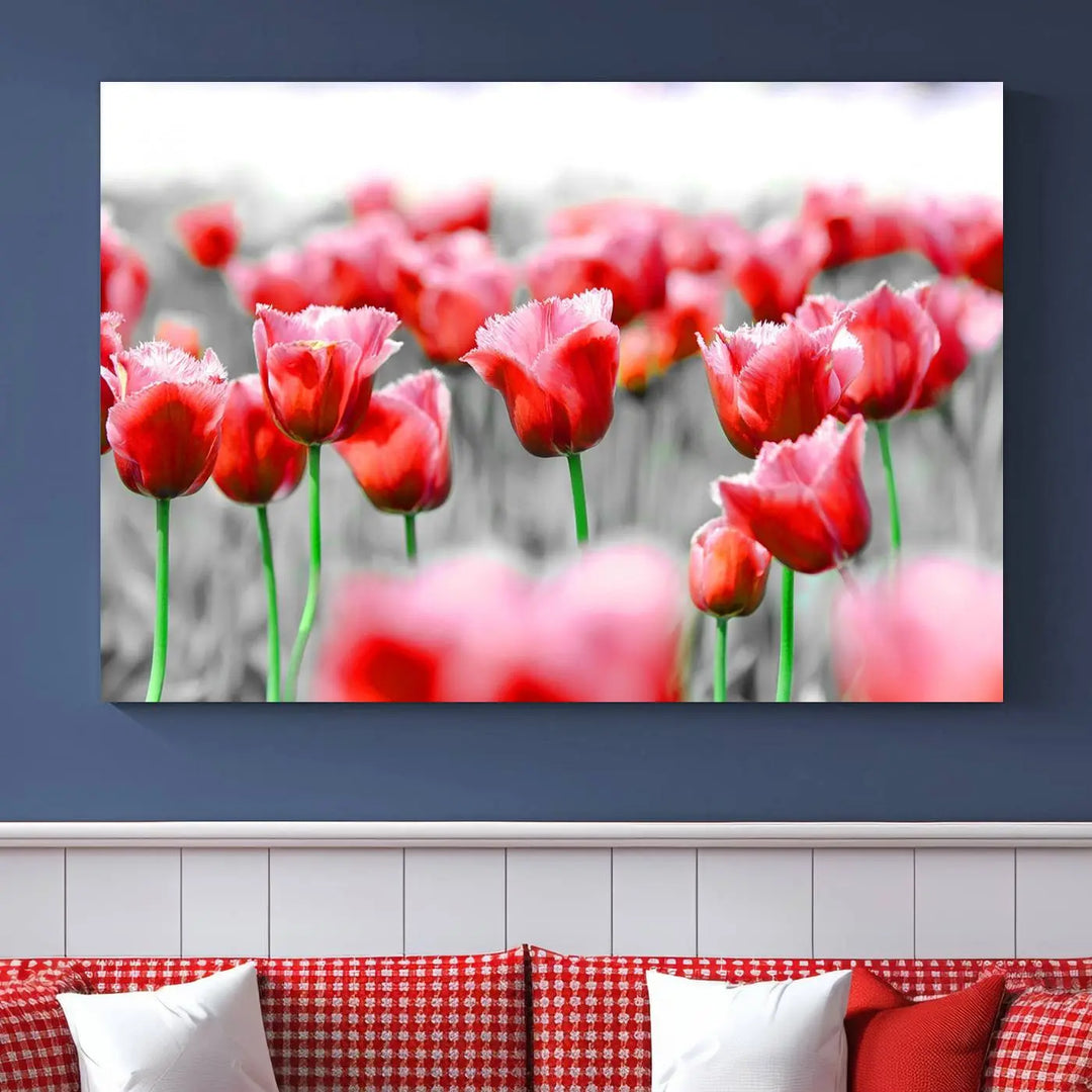 This museum-quality Red Tulip Flowers Canvas Wall Art Print, featuring three panels and vibrant hues, creates a stunning focal point. Enjoy free shipping on this exquisite piece.