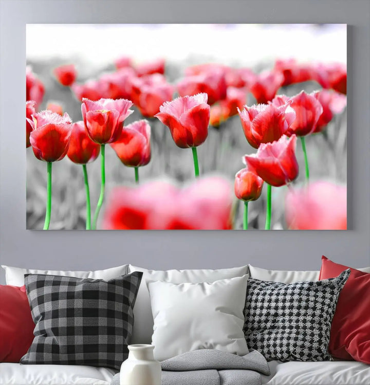 This museum-quality Red Tulip Flowers Canvas Wall Art Print, featuring three panels and vibrant hues, creates a stunning focal point. Enjoy free shipping on this exquisite piece.