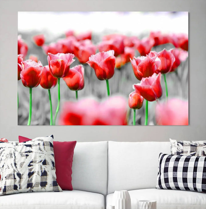 This museum-quality Red Tulip Flowers Canvas Wall Art Print, featuring three panels and vibrant hues, creates a stunning focal point. Enjoy free shipping on this exquisite piece.