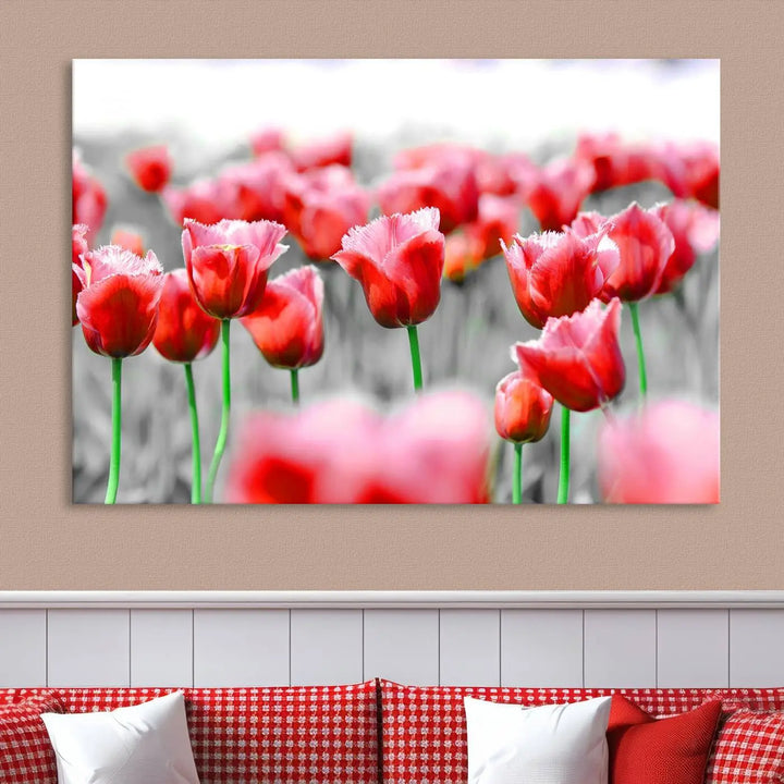 This museum-quality Red Tulip Flowers Canvas Wall Art Print, featuring three panels and vibrant hues, creates a stunning focal point. Enjoy free shipping on this exquisite piece.