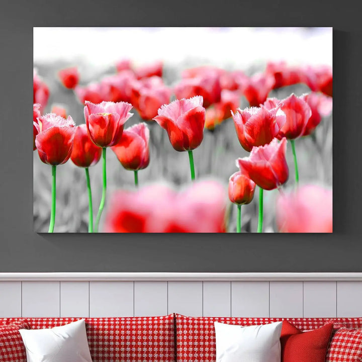 This museum-quality Red Tulip Flowers Canvas Wall Art Print, featuring three panels and vibrant hues, creates a stunning focal point. Enjoy free shipping on this exquisite piece.