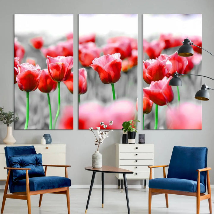 This museum-quality Red Tulip Flowers Canvas Wall Art Print, featuring three panels and vibrant hues, creates a stunning focal point. Enjoy free shipping on this exquisite piece.