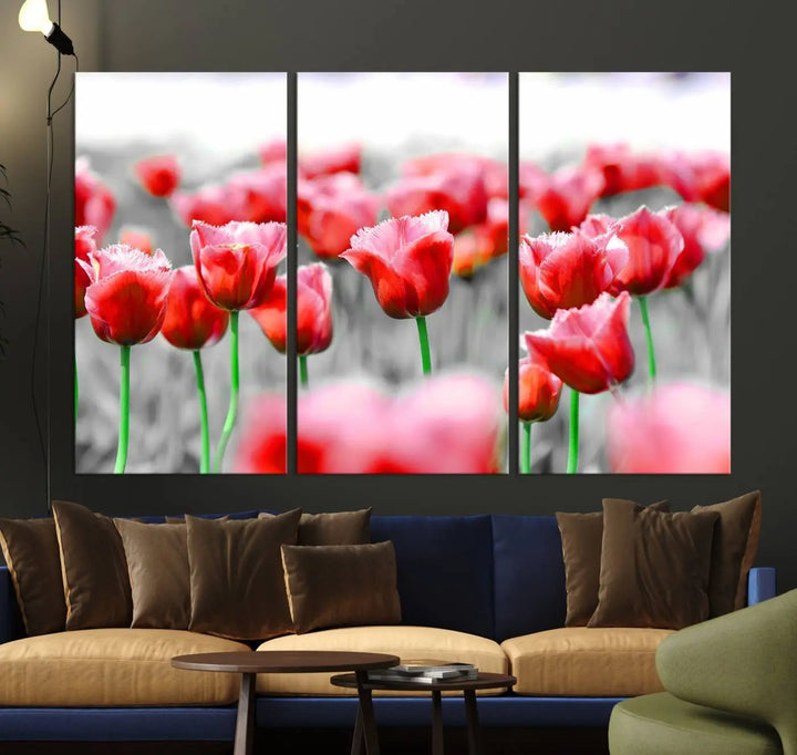 This museum-quality Red Tulip Flowers Canvas Wall Art Print, featuring three panels and vibrant hues, creates a stunning focal point. Enjoy free shipping on this exquisite piece.