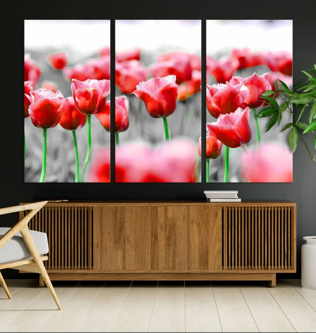 This museum-quality Red Tulip Flowers Canvas Wall Art Print, featuring three panels and vibrant hues, creates a stunning focal point. Enjoy free shipping on this exquisite piece.