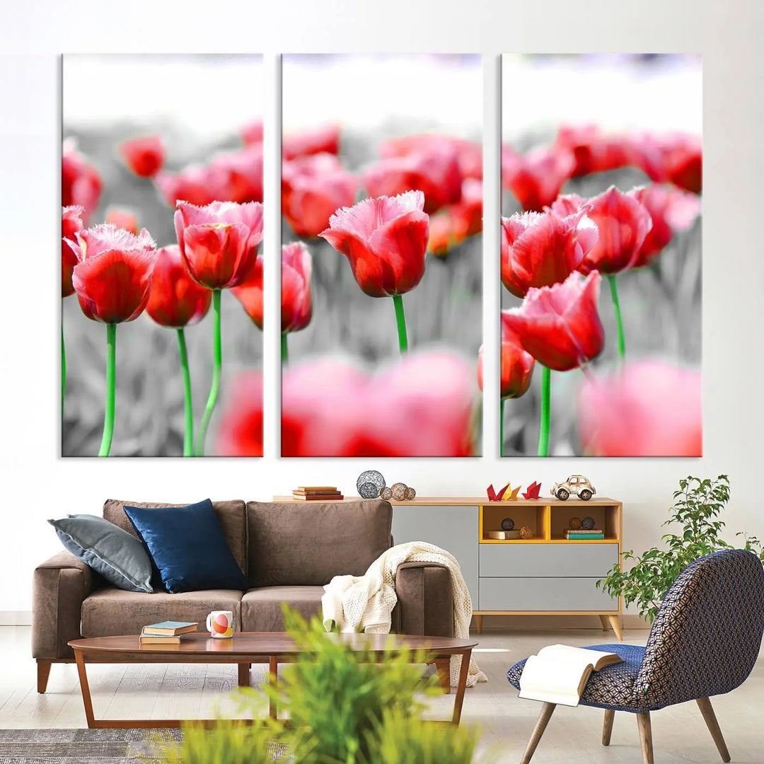 This museum-quality Red Tulip Flowers Canvas Wall Art Print, featuring three panels and vibrant hues, creates a stunning focal point. Enjoy free shipping on this exquisite piece.