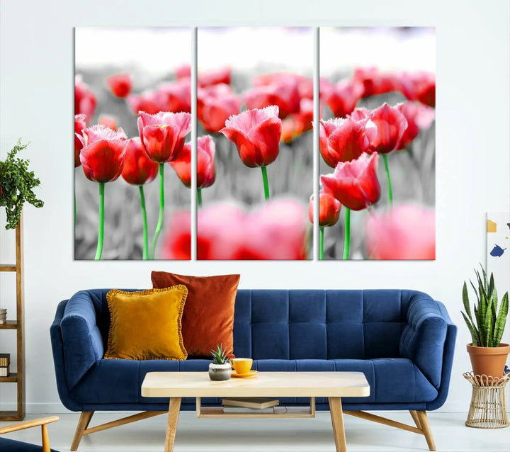 This museum-quality Red Tulip Flowers Canvas Wall Art Print, featuring three panels and vibrant hues, creates a stunning focal point. Enjoy free shipping on this exquisite piece.