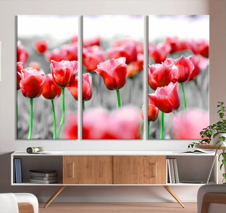 This museum-quality Red Tulip Flowers Canvas Wall Art Print, featuring three panels and vibrant hues, creates a stunning focal point. Enjoy free shipping on this exquisite piece.