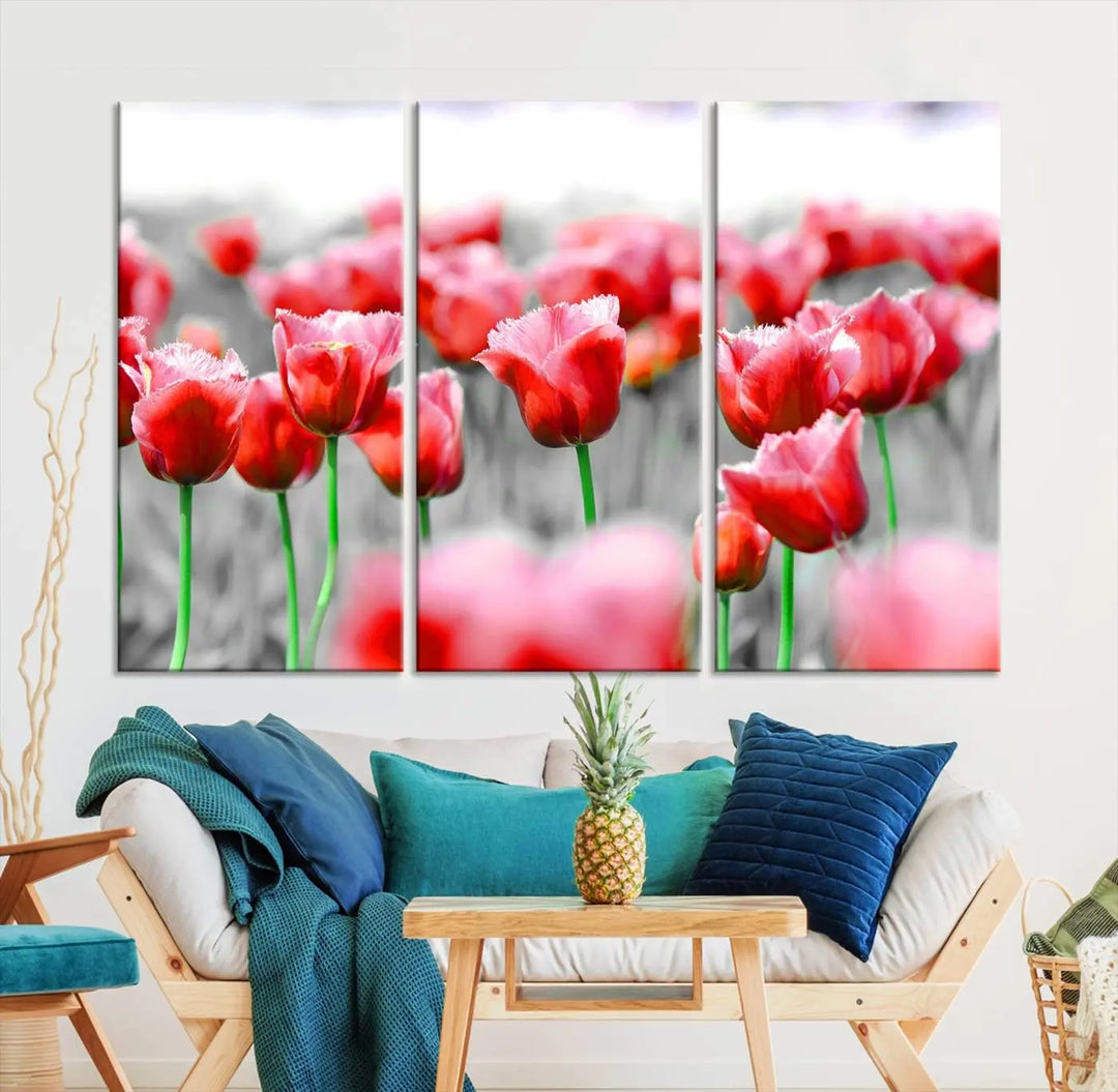 This museum-quality Red Tulip Flowers Canvas Wall Art Print, featuring three panels and vibrant hues, creates a stunning focal point. Enjoy free shipping on this exquisite piece.