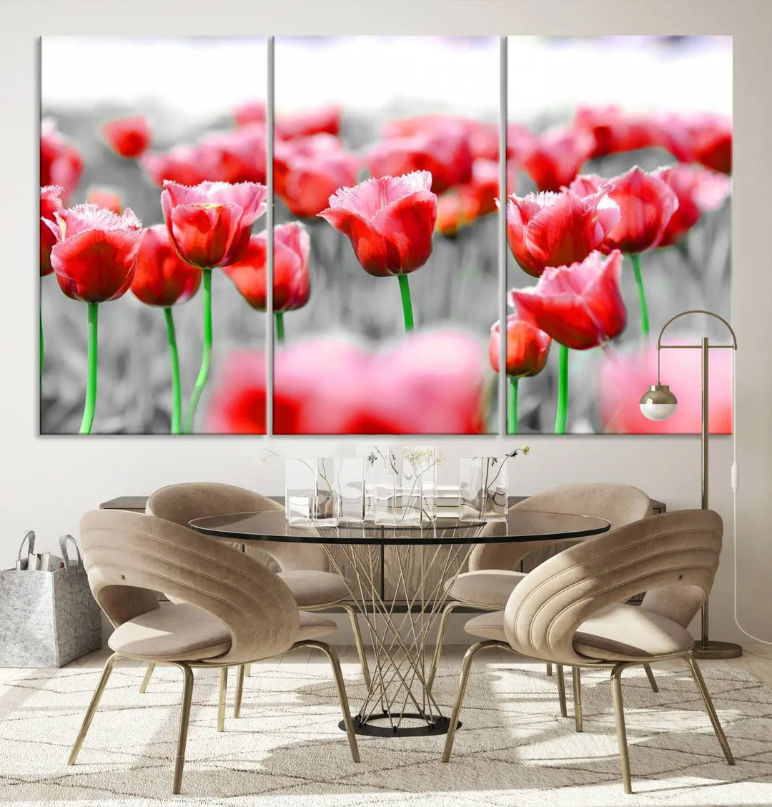 This museum-quality Red Tulip Flowers Canvas Wall Art Print, featuring three panels and vibrant hues, creates a stunning focal point. Enjoy free shipping on this exquisite piece.