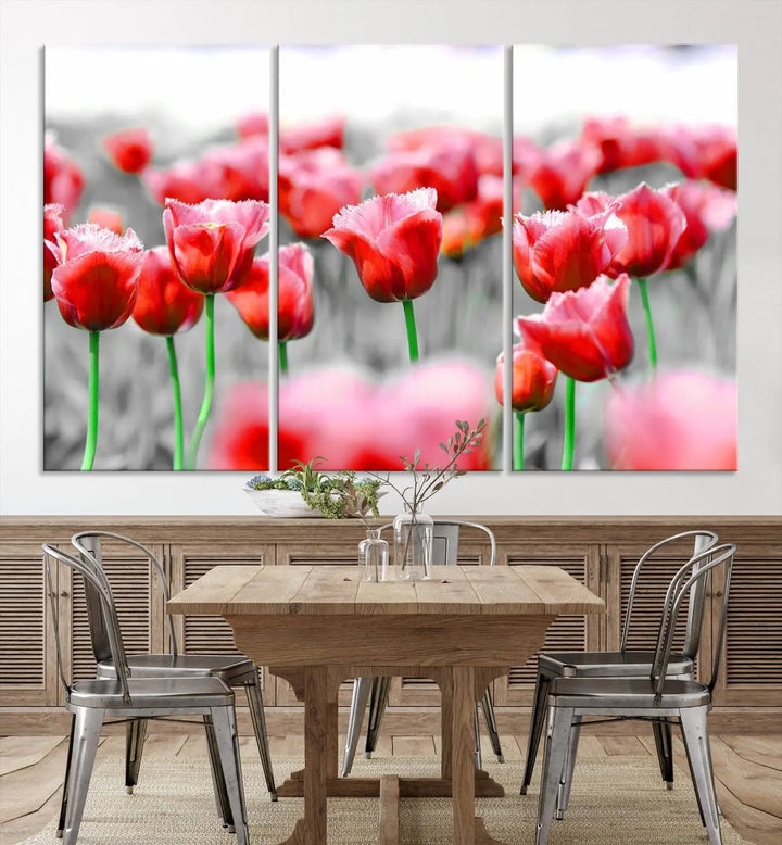 This museum-quality Red Tulip Flowers Canvas Wall Art Print, featuring three panels and vibrant hues, creates a stunning focal point. Enjoy free shipping on this exquisite piece.