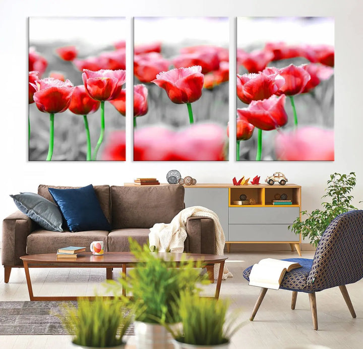 This museum-quality Red Tulip Flowers Canvas Wall Art Print, featuring three panels and vibrant hues, creates a stunning focal point. Enjoy free shipping on this exquisite piece.