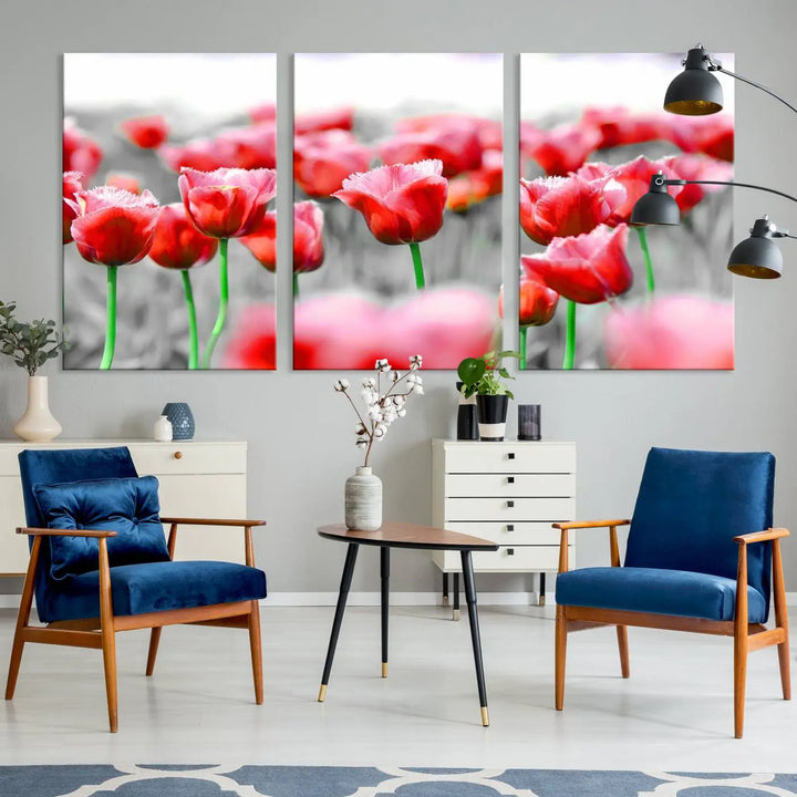 This museum-quality Red Tulip Flowers Canvas Wall Art Print, featuring three panels and vibrant hues, creates a stunning focal point. Enjoy free shipping on this exquisite piece.