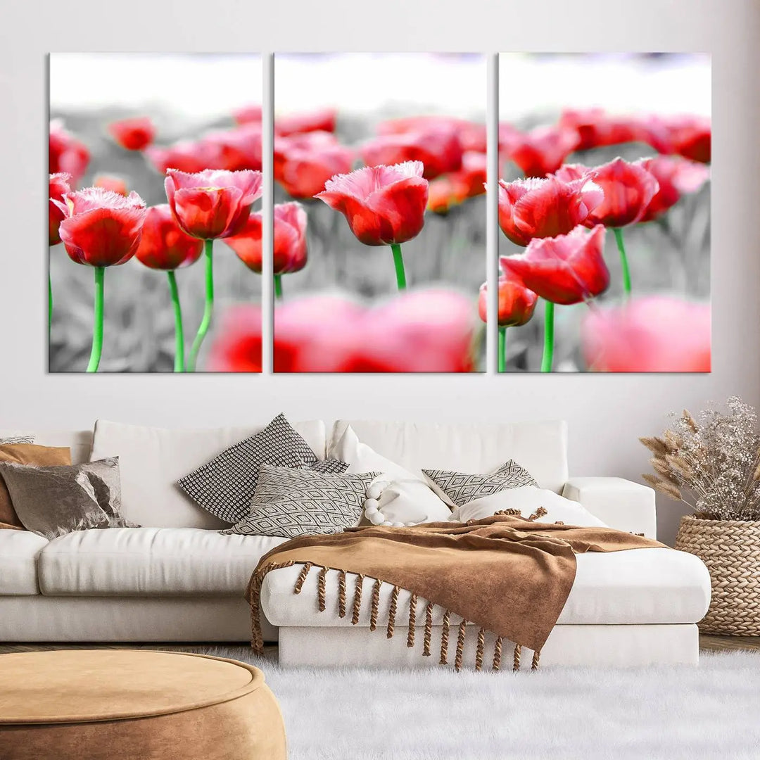 This museum-quality Red Tulip Flowers Canvas Wall Art Print, featuring three panels and vibrant hues, creates a stunning focal point. Enjoy free shipping on this exquisite piece.