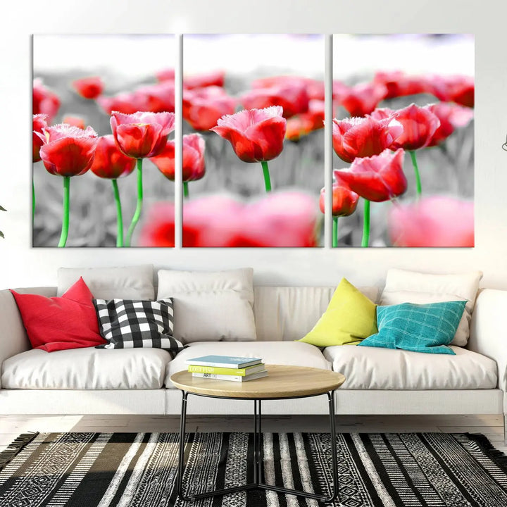 This museum-quality Red Tulip Flowers Canvas Wall Art Print, featuring three panels and vibrant hues, creates a stunning focal point. Enjoy free shipping on this exquisite piece.