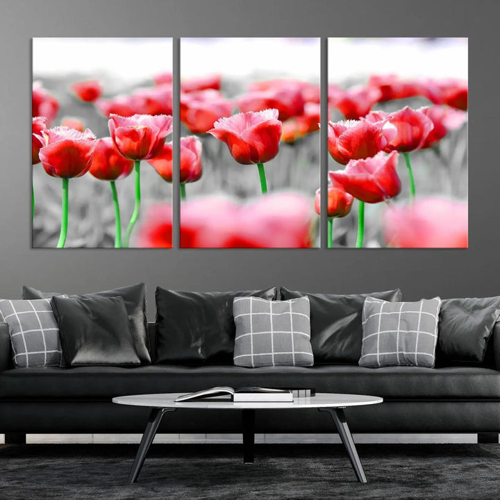 This museum-quality Red Tulip Flowers Canvas Wall Art Print, featuring three panels and vibrant hues, creates a stunning focal point. Enjoy free shipping on this exquisite piece.