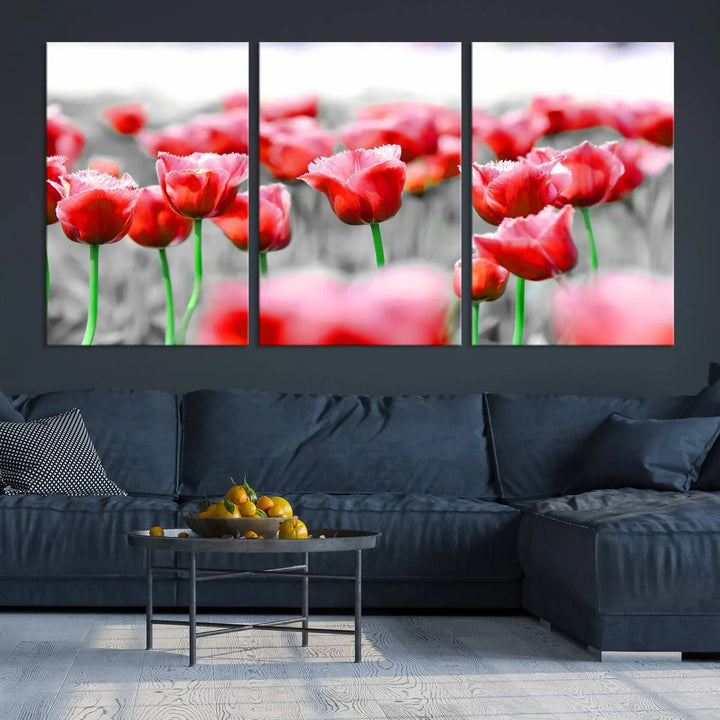 This museum-quality Red Tulip Flowers Canvas Wall Art Print, featuring three panels and vibrant hues, creates a stunning focal point. Enjoy free shipping on this exquisite piece.