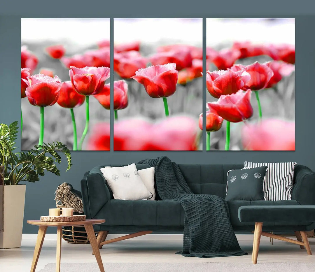 This museum-quality Red Tulip Flowers Canvas Wall Art Print, featuring three panels and vibrant hues, creates a stunning focal point. Enjoy free shipping on this exquisite piece.