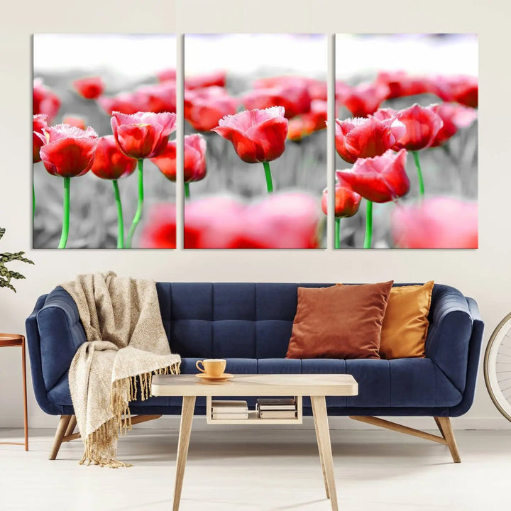 This museum-quality Red Tulip Flowers Canvas Wall Art Print, featuring three panels and vibrant hues, creates a stunning focal point. Enjoy free shipping on this exquisite piece.