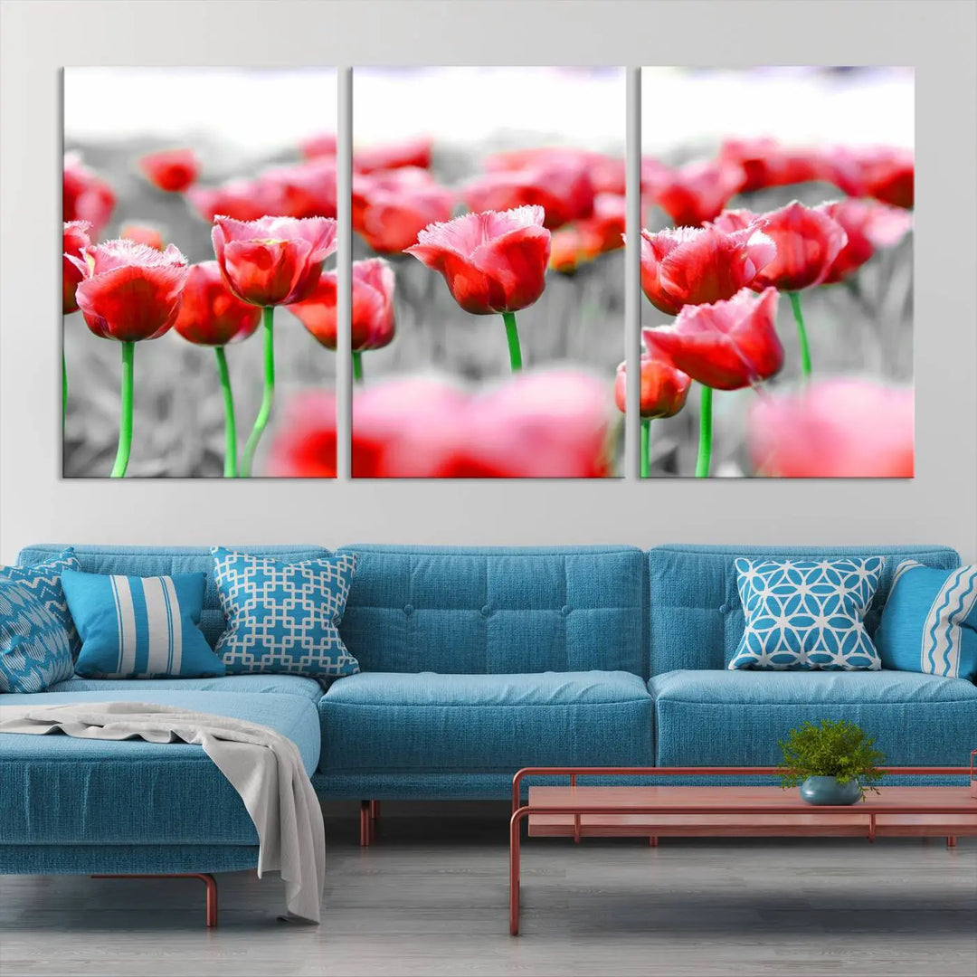 This museum-quality Red Tulip Flowers Canvas Wall Art Print, featuring three panels and vibrant hues, creates a stunning focal point. Enjoy free shipping on this exquisite piece.