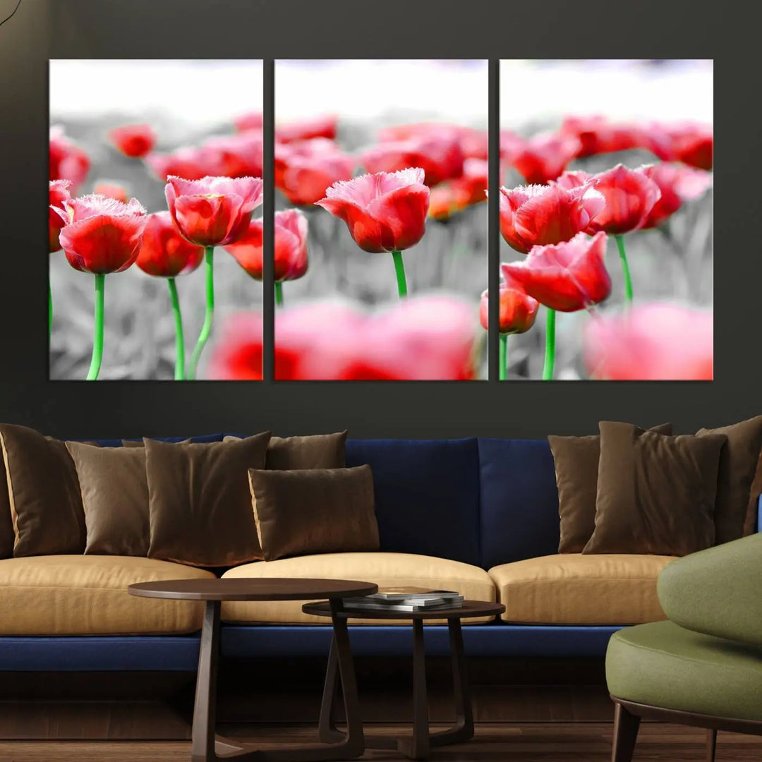 This museum-quality Red Tulip Flowers Canvas Wall Art Print, featuring three panels and vibrant hues, creates a stunning focal point. Enjoy free shipping on this exquisite piece.