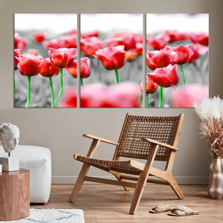 This museum-quality Red Tulip Flowers Canvas Wall Art Print, featuring three panels and vibrant hues, creates a stunning focal point. Enjoy free shipping on this exquisite piece.